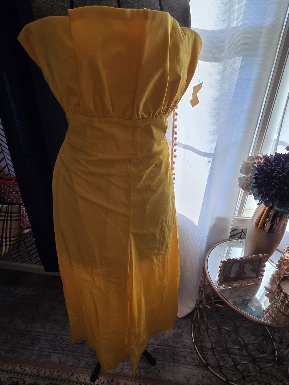 New York & Company Yellow Strapless cropped romper